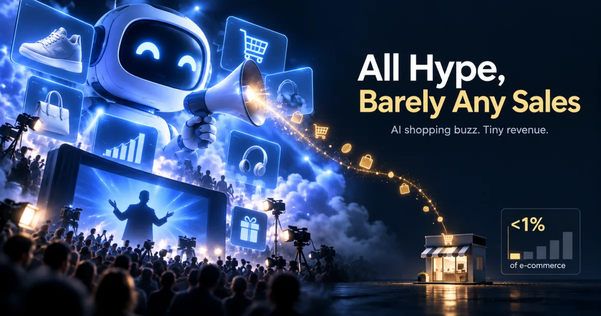 A glowing AI robot holds a megaphone under a spotlight, ringed by neon product cards and a crowd of press cameras &mdash; the hype &mdash; while a lone tiny storefront on the right catches only a thin trickle of coins beside a badge reading &lsquo;under 1% of e-commerce.&rsquo;