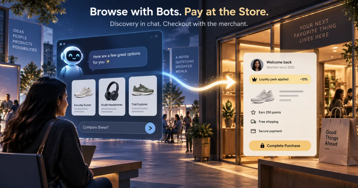 A shopper compares three products with an AI assistant in a chat window; an arrow carries the choice into a storefront whose own checkout recognises her as a member, with a loyalty discount, points and free shipping.
