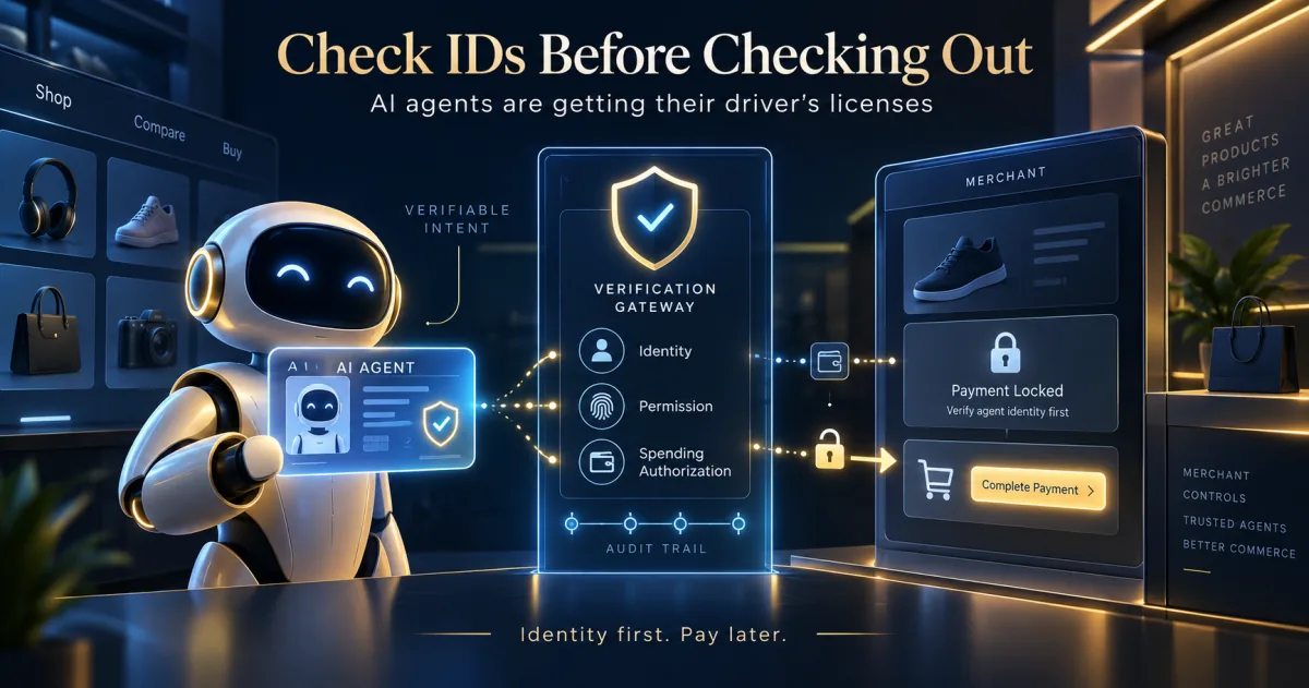 A friendly AI shopping robot holds a glowing &lsquo;AI Agent&rsquo; ID card with a verified badge, feeding a Verification Gateway that checks Identity, Permission, and Spending Authorization over an audit trail before the merchant&rsquo;s checkout unlocks &mdash; Payment Locked, verify agent identity first.