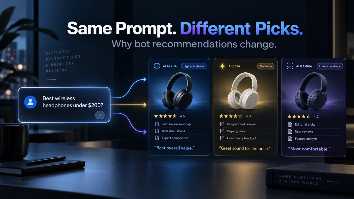 Same Prompt. Different Picks. Why bot recommendations change. A shopper asks &ldquo;Best wireless headphones under $200?&rdquo; and three AI assistants, labelled AI Alpha (high confidence), AI Beta (moderate) and AI Gamma (lower confidence), each recommend a different pair of headphones, citing different sources with a different one-line verdict.