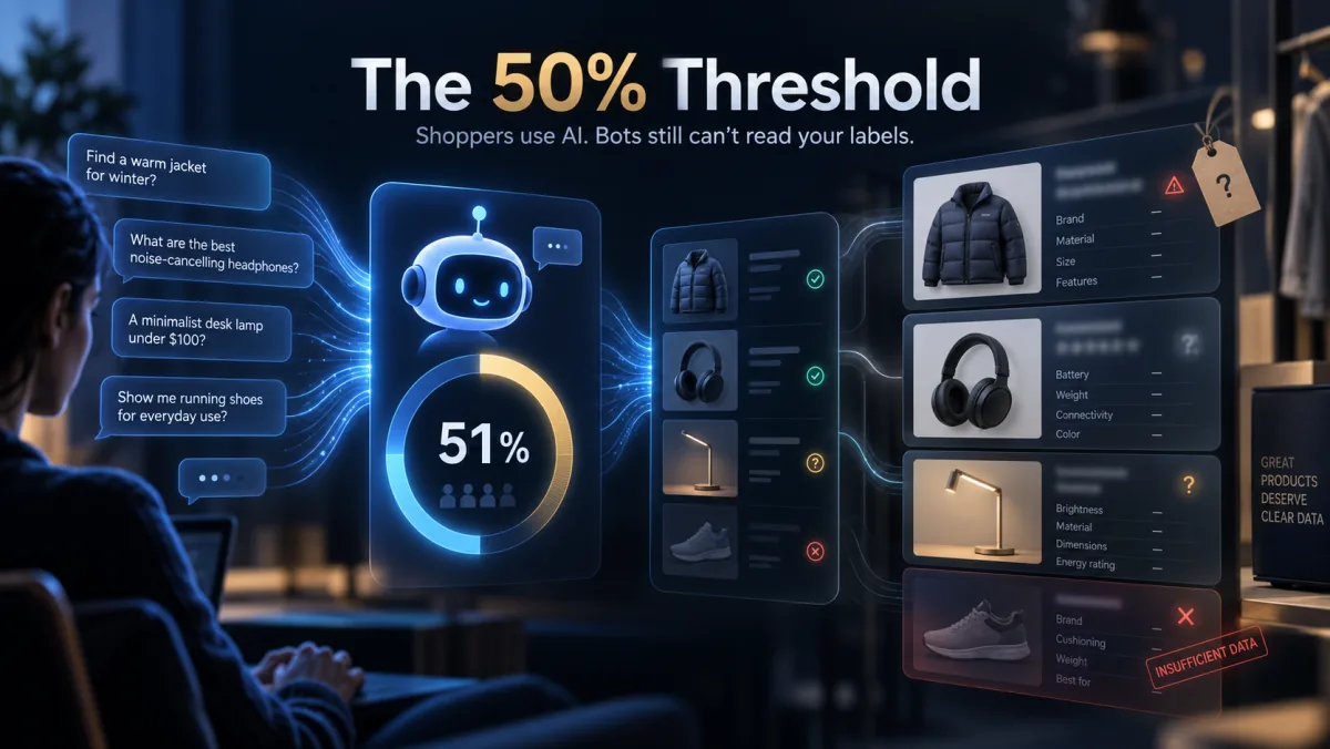 The 50% Threshold: shoppers ask an AI assistant for a warm winter jacket, noise-cancelling headphones, a minimalist desk lamp under $100 and running shoes for everyday use. A gauge in the assistant shows 51%. The assistant&rsquo;s shortlist checks each product&rsquo;s data: the jacket and headphones pass, the lamp is uncertain, and the running shoe is rejected with an &ldquo;insufficient data&rdquo; stamp. A tag on the shelf reads: Great products deserve clear data.