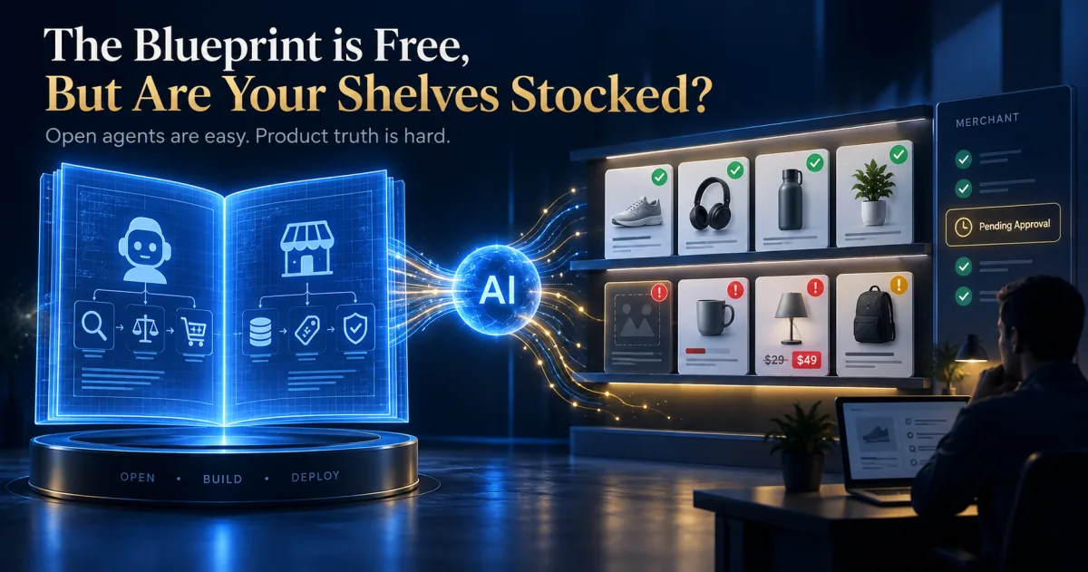 An open blueprint of a buyer agent and a merchant agent feeds a glowing AI hub that lights up a store&rsquo;s shelves — some products verified with green checks, others flagged for missing data, while a merchant reviews a Pending Approval queue.