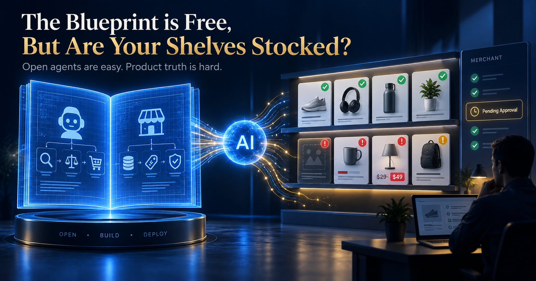 An open blueprint of a buyer agent and a merchant agent feeds a glowing AI hub that lights up a store’s shelves — some products verified with green checks, others flagged for missing data, prices or images, while a merchant reviews a Pending Approval queue.