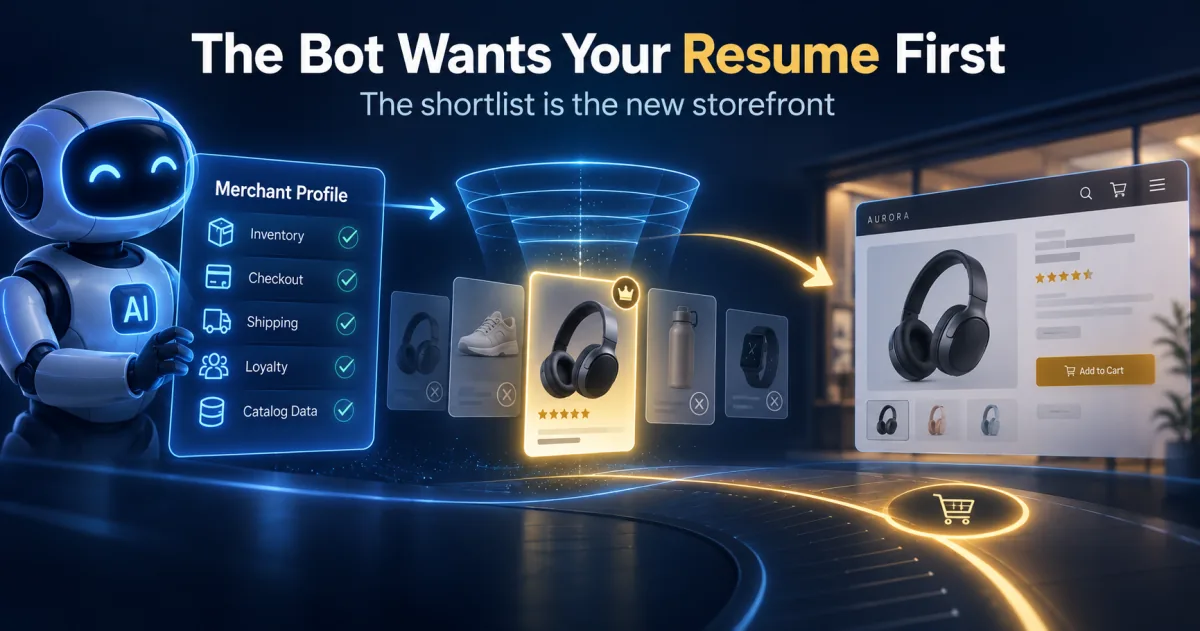 An AI robot holds a Merchant Profile checklist &mdash; Inventory, Checkout, Shipping, Loyalty, Catalog Data, each green-checked &mdash; feeding a funnel that filters product cards down to one crowned, five-star shortlisted pair of headphones that lights a path to the merchant&rsquo;s product page and checkout.