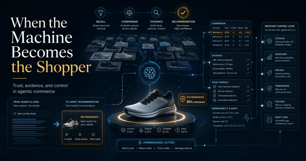 When the machine becomes the shopper — an agent moves from recall to comparison to evidence to one recommendation, on a merchant control layer.