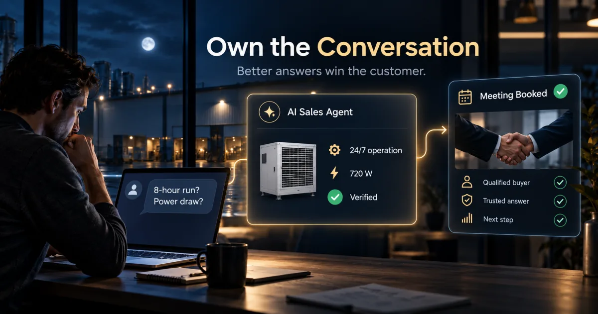 A buyer at night asks a sales chat whether a dehumidifier can run for eight hours and how much power it draws; an AI sales agent answers with checked specs, and a meeting is booked.