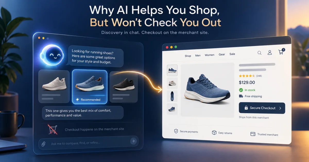 An AI assistant recommends a running shoe in chat, then hands off to the merchant's product page for a secure checkout.