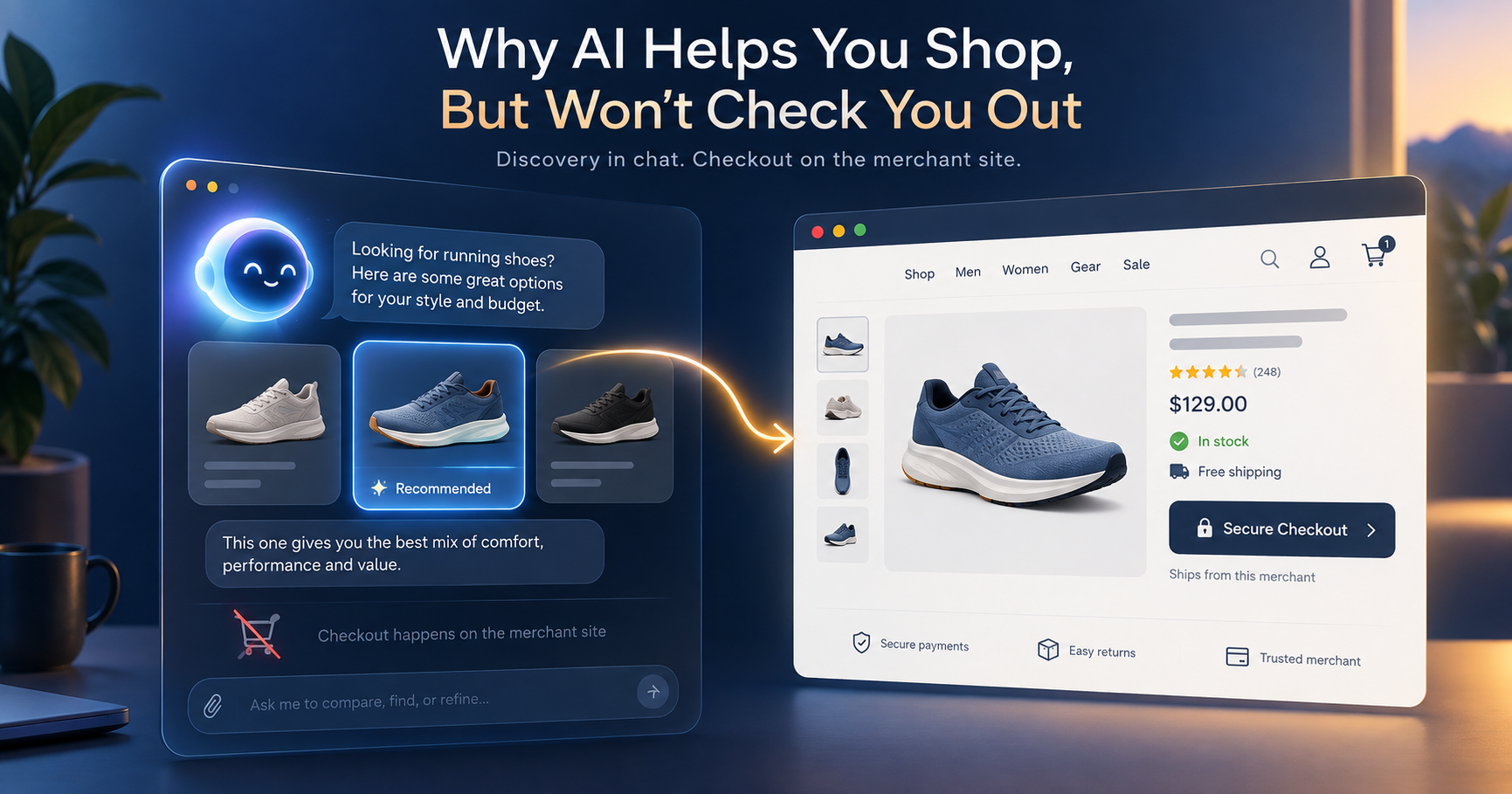 An AI assistant recommends a running shoe in chat and hands off to the merchant's product page for a secure checkout — discovery in chat, checkout on the merchant site.