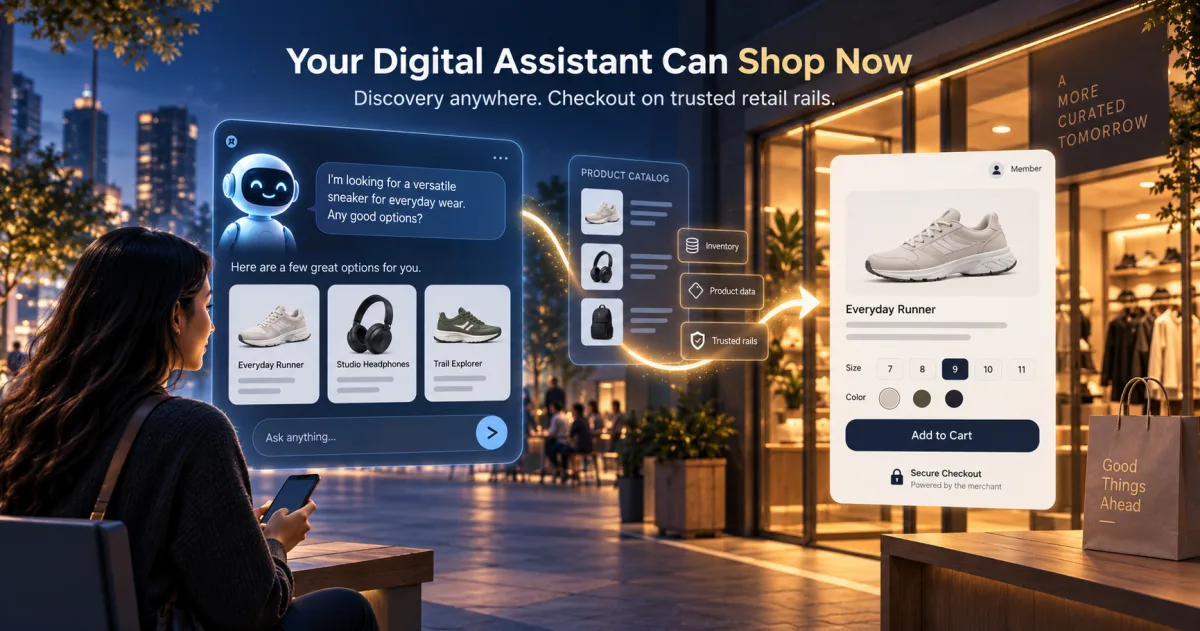 A shopper asks an AI assistant for an everyday sneaker; the choice flows through a product catalog of inventory, product data and trusted rails into the merchant&rsquo;s own product page and secure checkout.