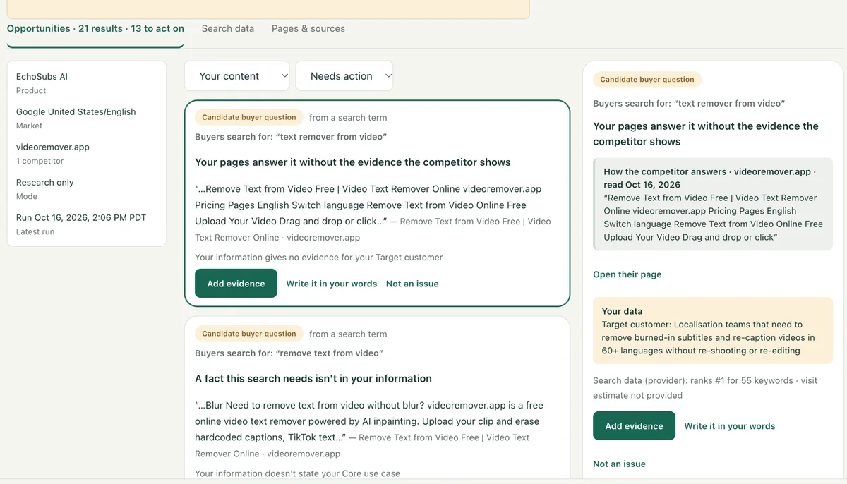 Hasmord competitor research for a demo product: buyer searches where a competitor’s answer is shown, the evidence it uses, and the gap to close.